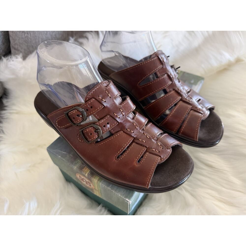 SAS Women’s Tango Slide Sandals 8 WW Double Wide‎ Chestnut Wedge Strappy Leather